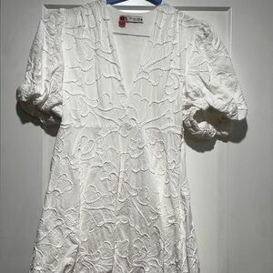 White Floral Textured V-Neck Dress - ZARA